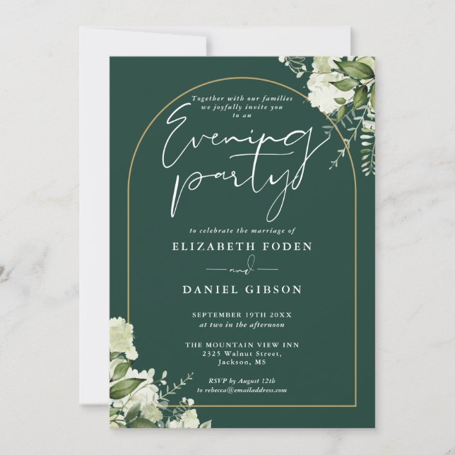 Gold Arch Emerald Greenry Wedding Evening Party Invitation (Front)
