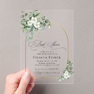 Gold Arch & Eucalyptus Transparent Bridal Shower Acrylic Invitations