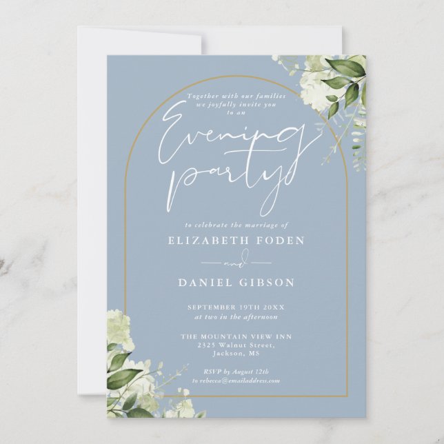 Gold Arch Floral Dusty Blue Wedding Evening Party Invitation (Front)