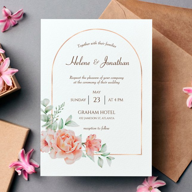 Gold Arch Floral Watercolor Pastel Boho Wedding Invitation (Creator Uploaded)