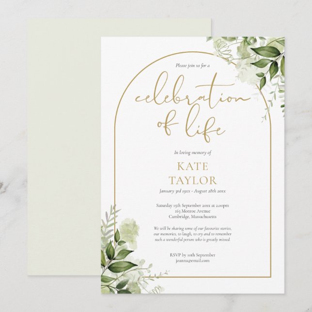 Gold Arch Greenery Celebration of Life Funeral Invitation (Front/Back)