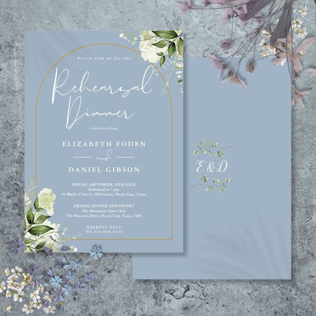 Gold Arch Greenery Dusty Blue Rehearsal Dinner Invitation (Gold Arch Greenery Dusty Blue Rehearsal Dinner Invitation)
