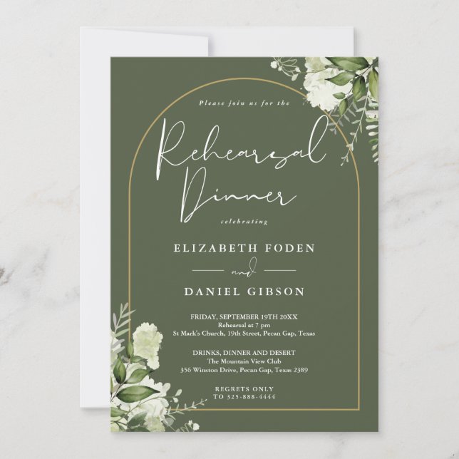 Gold Arch Greenery Olive Green Rehearsal Dinner Invitation (Front)