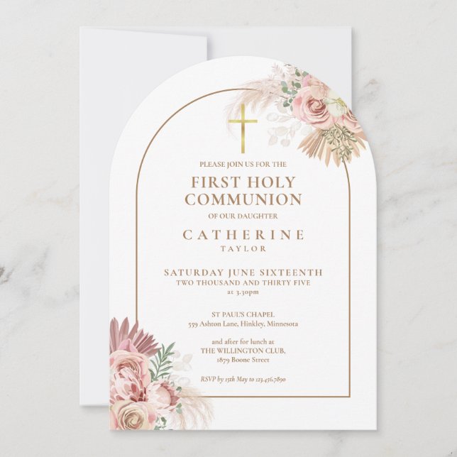 Gold Arch Pampas Grass Floral First Holy Communion Invitation (Front)