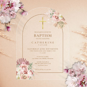 Gold Arch Pampas Grass Floral Girl Baptism Acrylic Invitations
