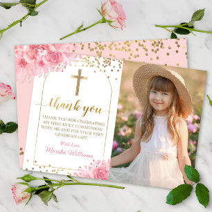 Gold Arch Pink Floral First Holy Communion Photo Thank You Card