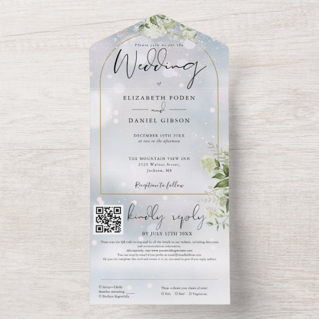 Gold Arch QR Code Greenery Winter Wedding All In One Invitation (Inside)