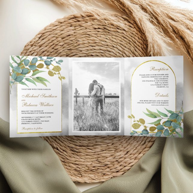 Gold Arch Rustic Eucalyptus Leaves Photo Wedding Tri-Fold Invitation (Creator Uploaded)