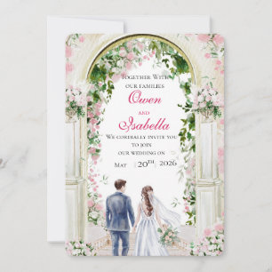 Gold Arched Floral Ivy Illustration Wedding Invitation
