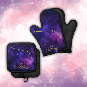 Gold Aries Constellation on Dark Galaxy Oven Mitt & Pot Holder Set