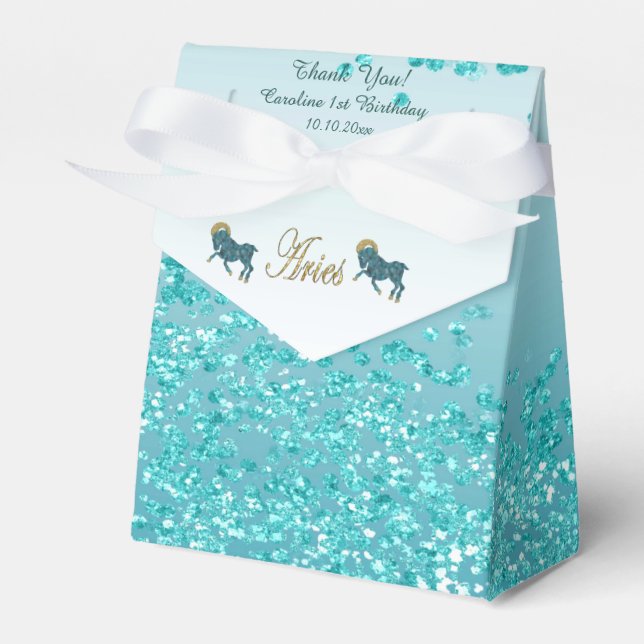 Gold Aries & Teal Blue Glitter Birthday Favour Box (Front Side)
