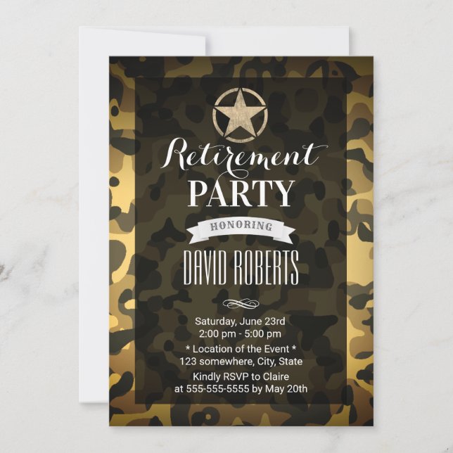 Gold Army Star Camouflage Military Retirement Invitation (Front)