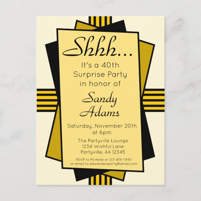 Gold Art Deco 40th Surprise Party Birthday Invitation Postcard (Front)