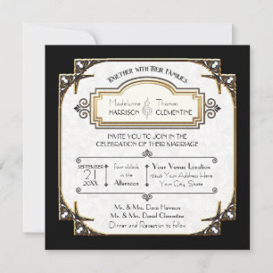 Gold Art Deco Black and White Typography Wedding Invitation