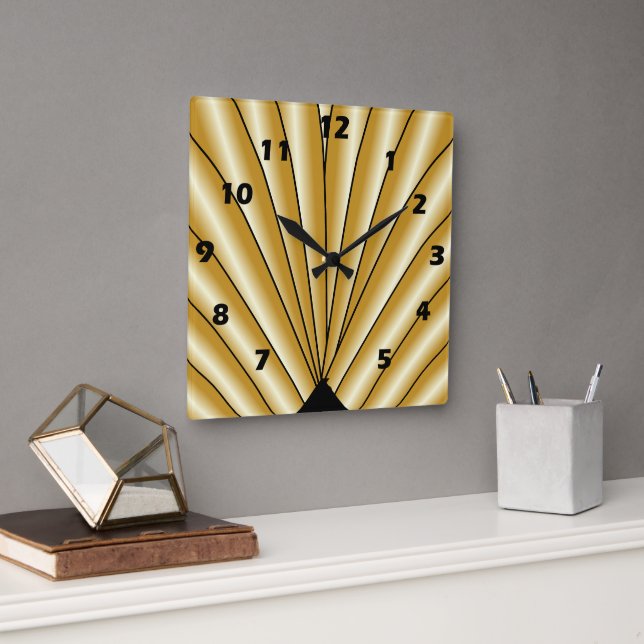 Gold Art Deco Design Square Wall Clock (Office)
