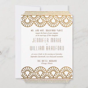 Gold Art Deco Fan Wedding Invitation in White