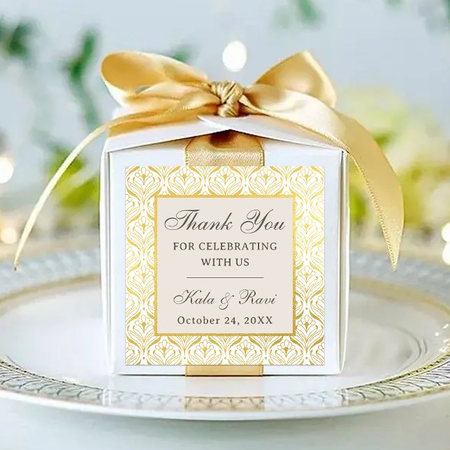 Gold Art Deco Floral Return Gift Favour (return gift favor sticker labels, indian wedding favors, hindu wedding favors, mehndi sangeet)
