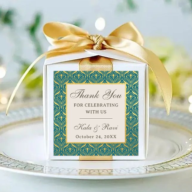 Gold Art Deco Floral Return Gift Favour (return gift favor sticker labels, indian wedding favors, hindu wedding favors, mehndi sangeet)