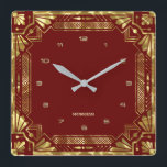 Gold Art Deco Frame On Dark Red Square Wall Clock<br><div class="desc">Gold tones Art Deco frame,  geometric style over a dark red background. Customisable monogram.</div>