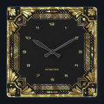 Gold Art Deco Frame Square Wall Clock<br><div class="desc">Gold tones Art Deco frame,  geometric style over a black background. Customisable monogram.</div>