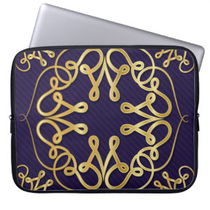 Gold art deco frame with ornament on blue backgrou laptop sleeve