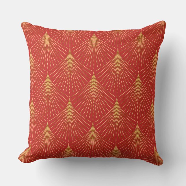 Gold Art-deco Geometric Pattern On Red Cushion (Front)