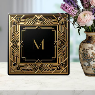 Gold Art Deco Monogram Black Personalized Luxury Tile