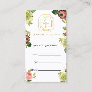 Gold Art Deco Monogram Vintage Florals Appointment Card