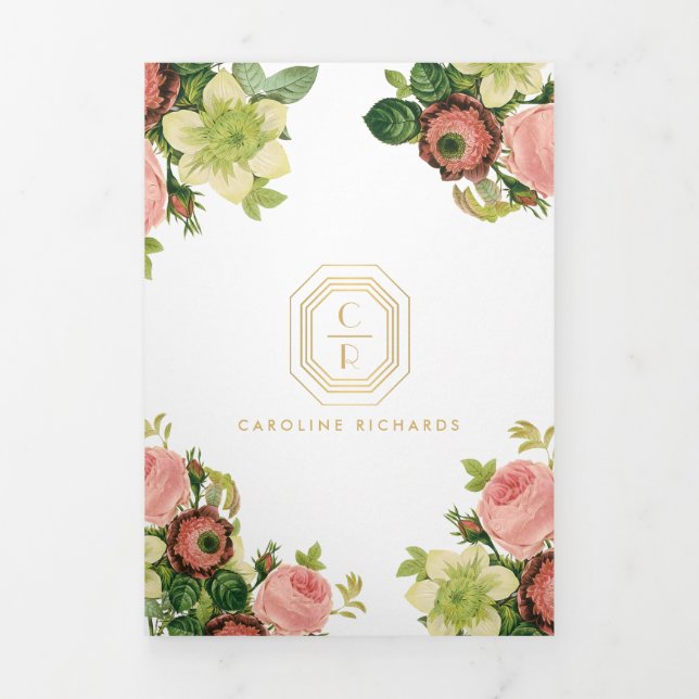 Gold Art Deco Monogram Vintage Florals Brochure (Cover)
