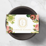 Gold Art Deco Monogram with Vintage Florals Business Card<br><div class="desc">Your initials are elegantly displayed on this faux gold art deco plaque for a unique logo. Surrounded by vintage flowers and set on a white background,  this design is eye-catching and beautiful. Great for floral designers,  cosmetologists,  beauty salons,  makeup artists,  interior designers,  online boutiques and more. © 1201AM CREATIVE</div>