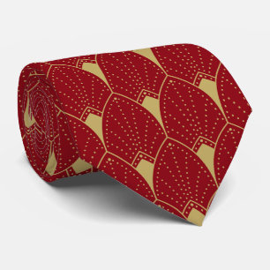 Gold Art Deco Pattern & Deep Red Background Tie