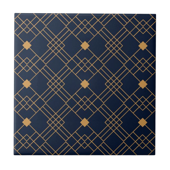 Gold art deco pattern on dark blue background tile (Front)