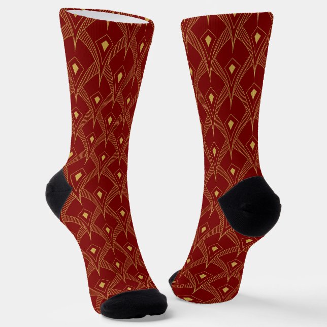 Gold Art Deco pattern on dark-red background Socks (Angled)