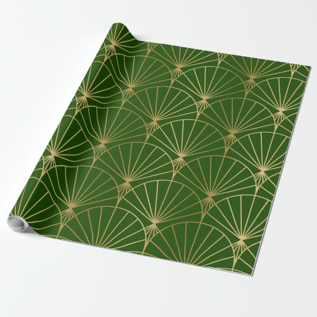 Gold art-deco pattern on green wrapping paper (Unrolled)