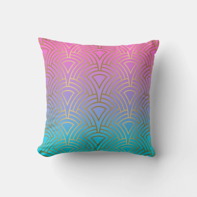 Gold art-deco pattern on pink and blue ombre cushion (Front)