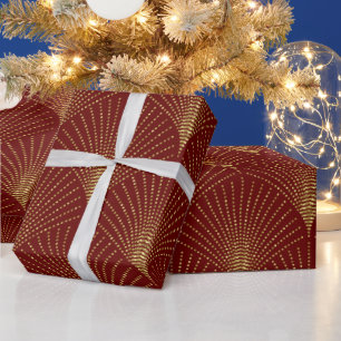 Gold art-deco pattern on red background wrapping paper