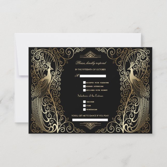 Gold Art Deco Peacocks Song Request Wedding RSVP Card (Front)