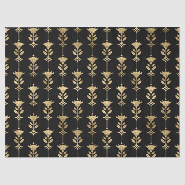Gold Art Deco Style Flowers on Black Decoupage Tissue Paper (Front)