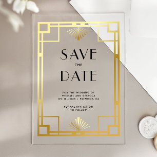 Gold Art Deco Wedding Save the Date Acrylic Invitations