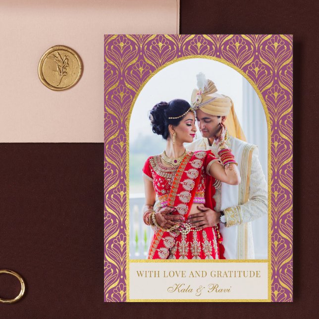 Gold Art Deco Wedding Thank You Photo Card (indian wedding thank you card, hindu wedding thank you card, art deco gold mundap arch photo card)