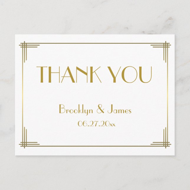 Gold Art Deco Wedding Thank You Postcards (Front)