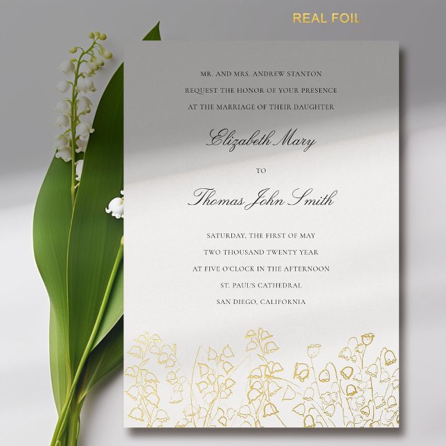 Gold Art Floral Sketch Lily Valley Formal Wedding (lily of the valley wedding invitation formal traditional elegant gold foil floral sketch fine art )