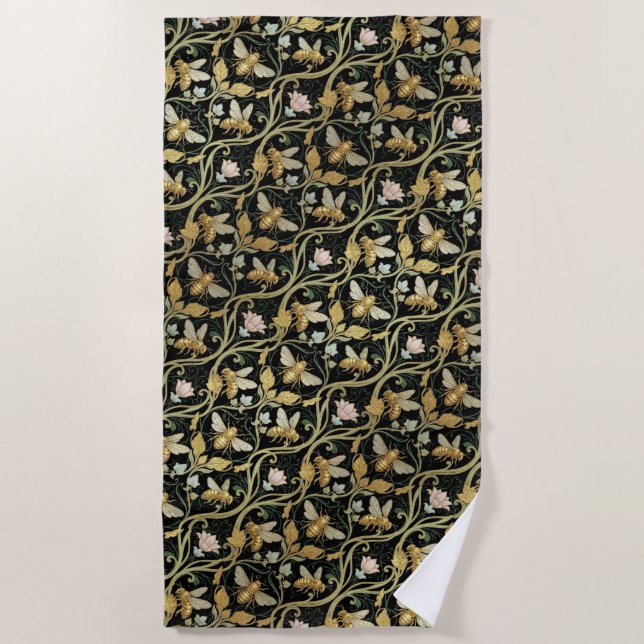 Gold Art Nouveau Bees Beach Towel (Front)
