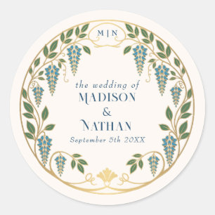 Gold Art Nouveau Blue Wisteria Wedding Classic Round Sticker