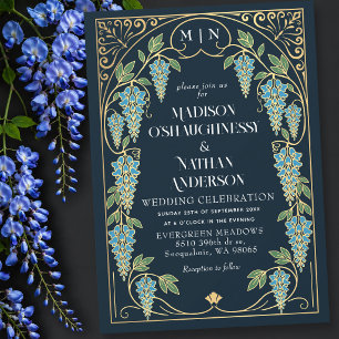 Gold Art Nouveau Blue Wisteria Wedding Invitation
