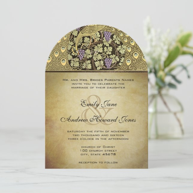Gold Art Nouveau Peacock Birds Wedding Invitation (Standing Front)