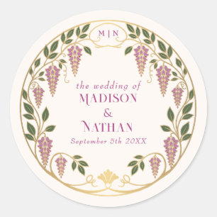 Gold Art Nouveau Pink Wisteria Wedding  Classic Round Sticker