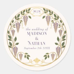 Gold Art Nouveau Purple Wisteria Wedding Classic Round Sticker