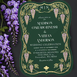 Gold Art Nouveau Purple Wisteria Wedding  Invitation
