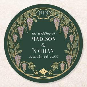 Gold Art Nouveau Purple Wisteria Wedding Round Paper Coaster